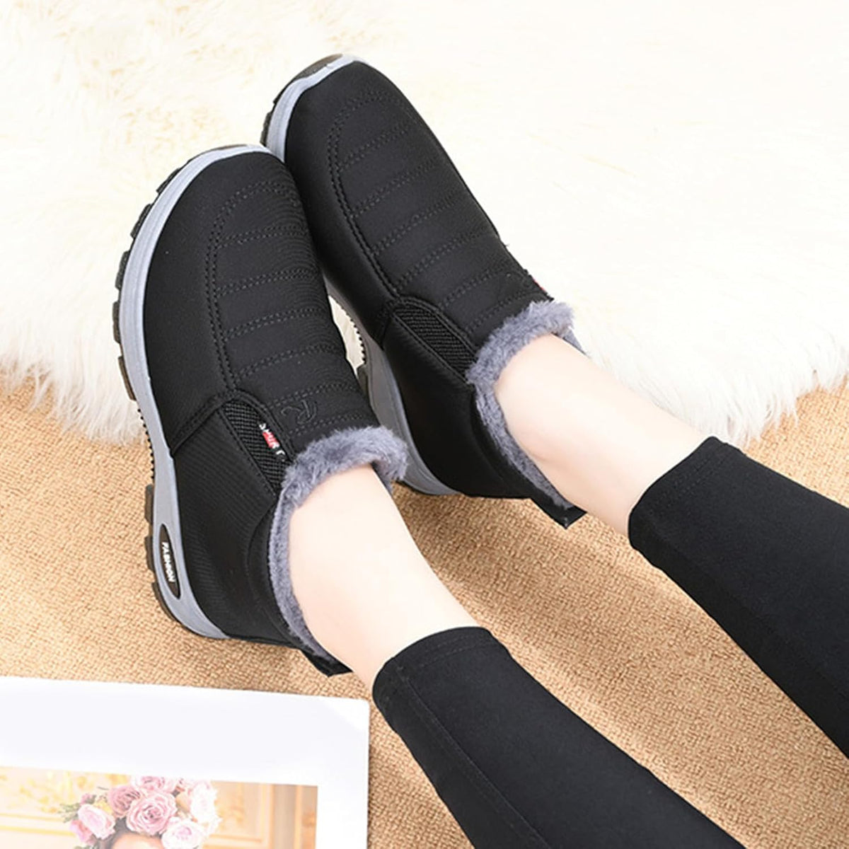 Womens Winter Snow Boots Warm Sheepskin-Lined Orthopedic Shoes Slip on Ankle Sneakers with Arch Support Comfortable Lightweight Waterproof Walking Fur Fuzzy Thermal Soft Booties Outdoor Hiking Shoes